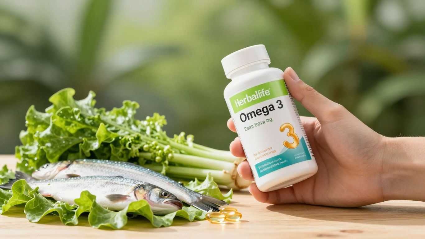 Herbalife Omega 3 bottle with healthy food ingredients.