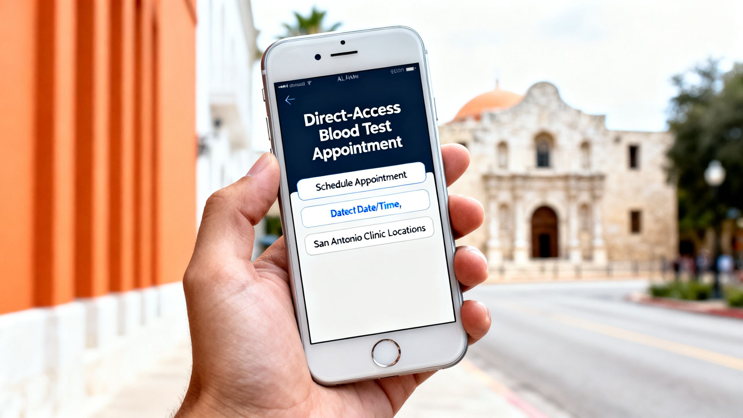 Patient scheduling a direct-access blood test appointment on a smartphone in San Antonio