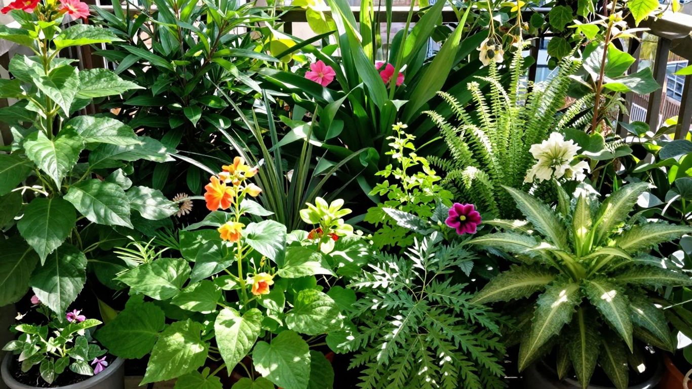 Balkon mit blühenden Pflanzen in Mischkultur