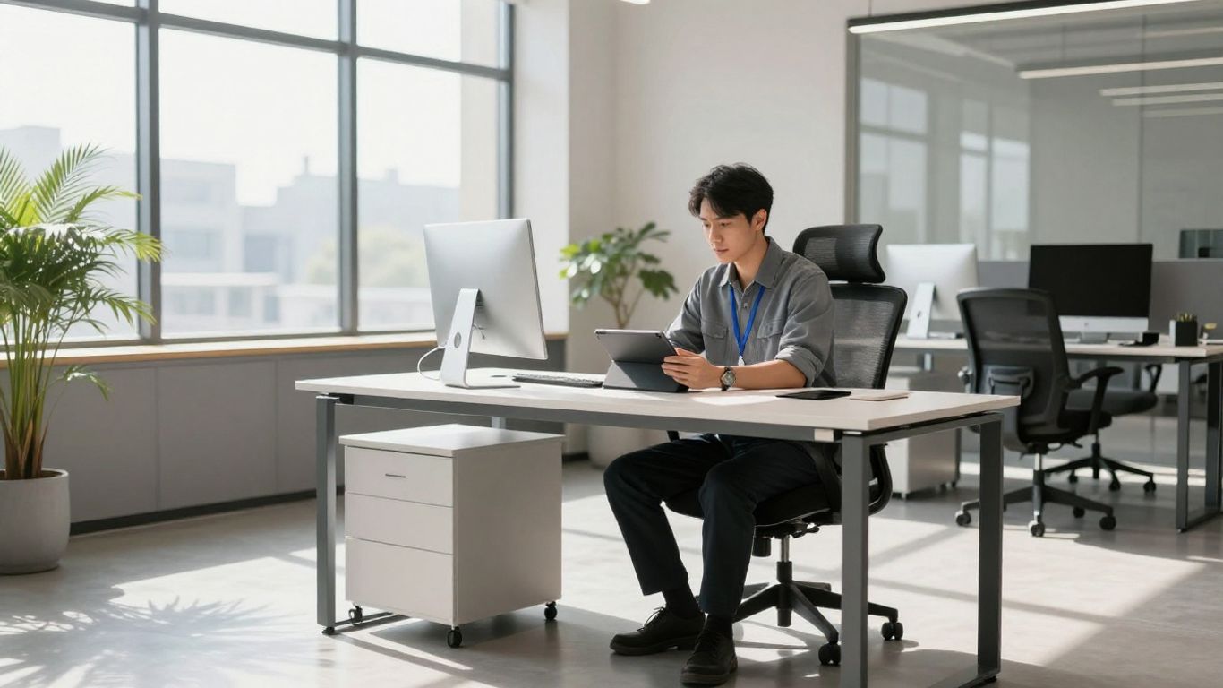 Technician using tablet in modern office