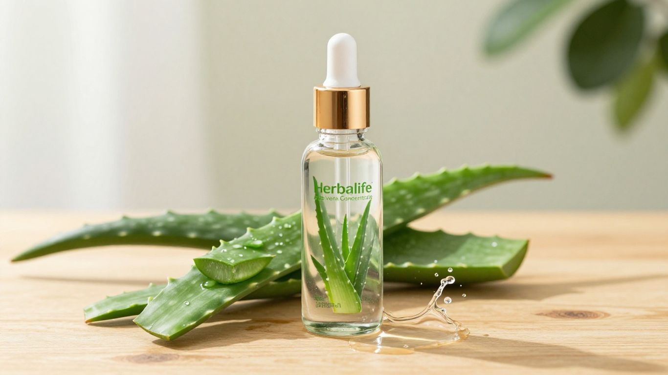 Herbalife Aloe Vera Concentrate bottle with fresh leaves.