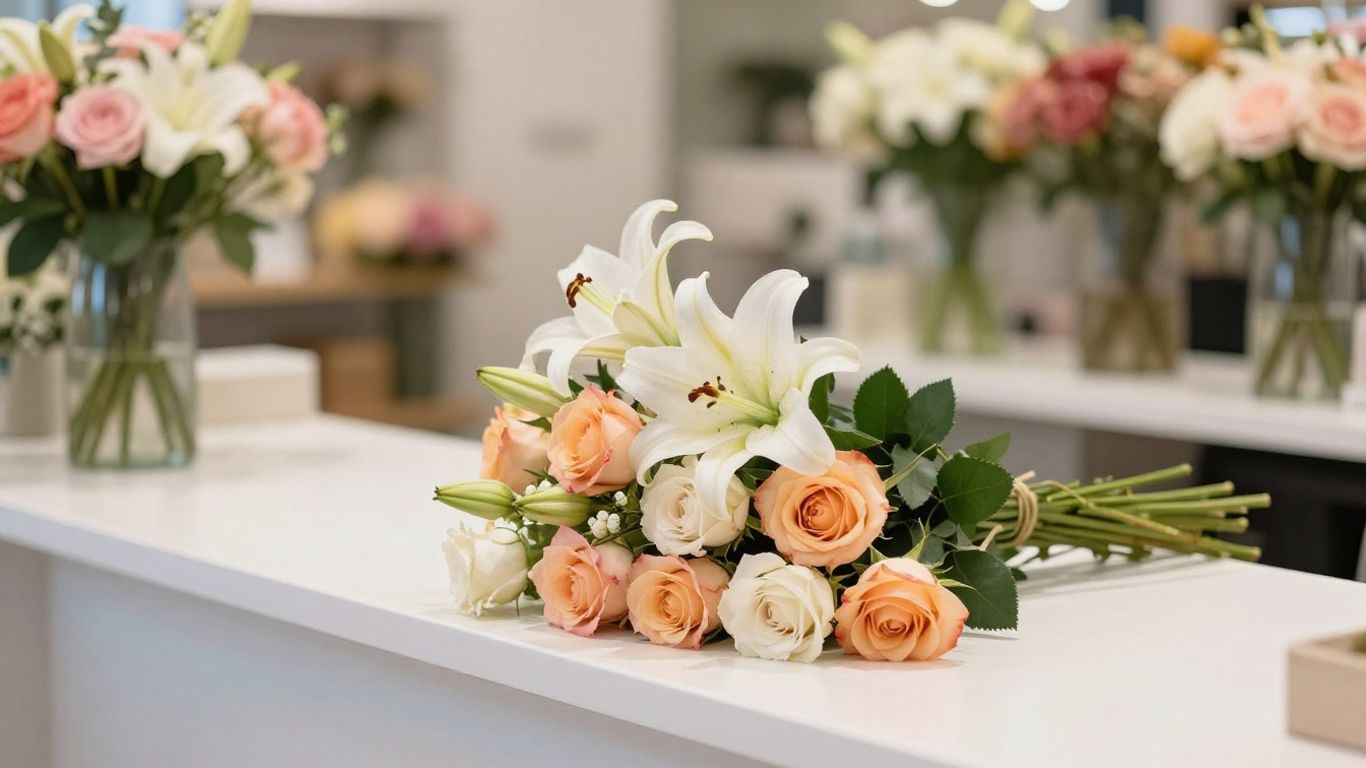 A beautiful floral arrangement on a shop counter
