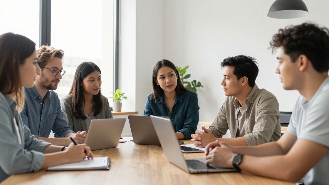 A diverse team of entrepreneurs discussing business goals.