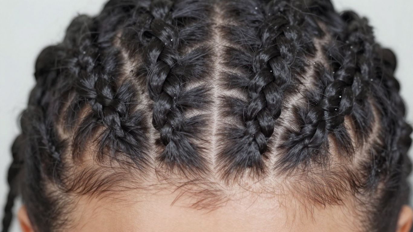 Close-up of healthy hair in protective braids.