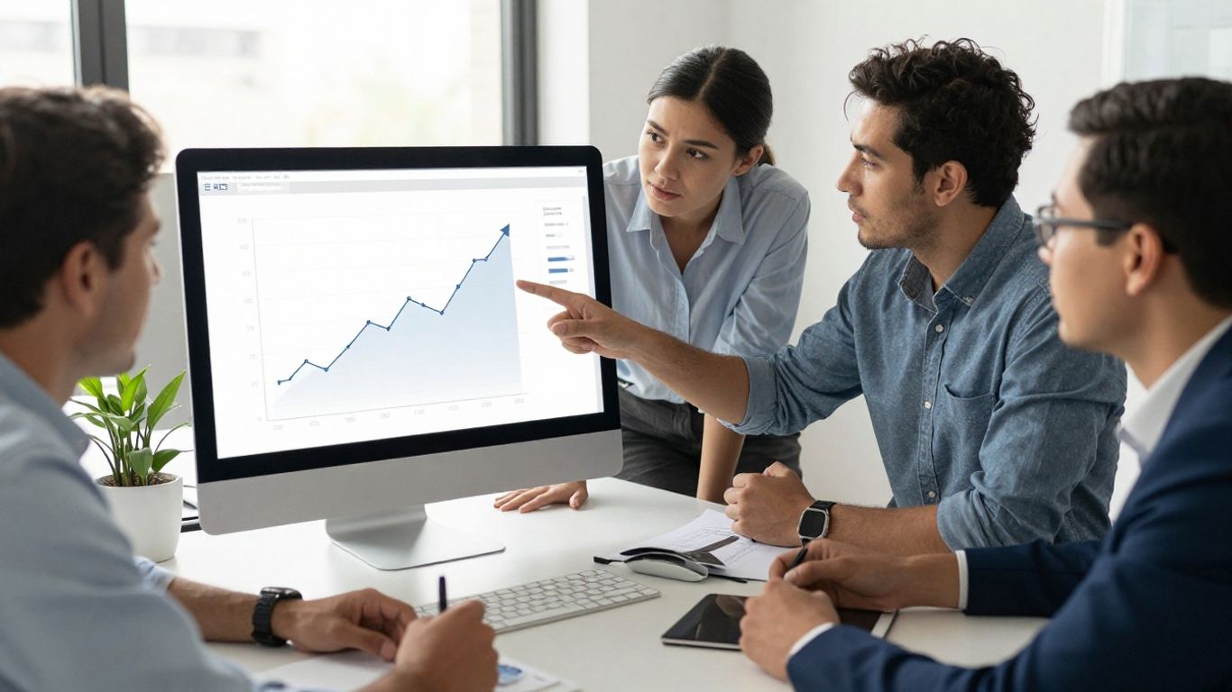 Business professionals collaborating on digital marketing strategy.