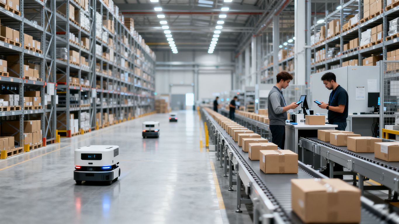 Automated warehouse aisles with workers sorting packages