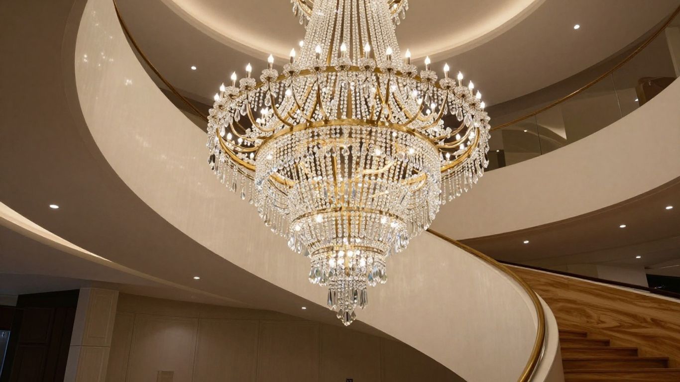 Elegant crystal chandelier illuminating a modern staircase.