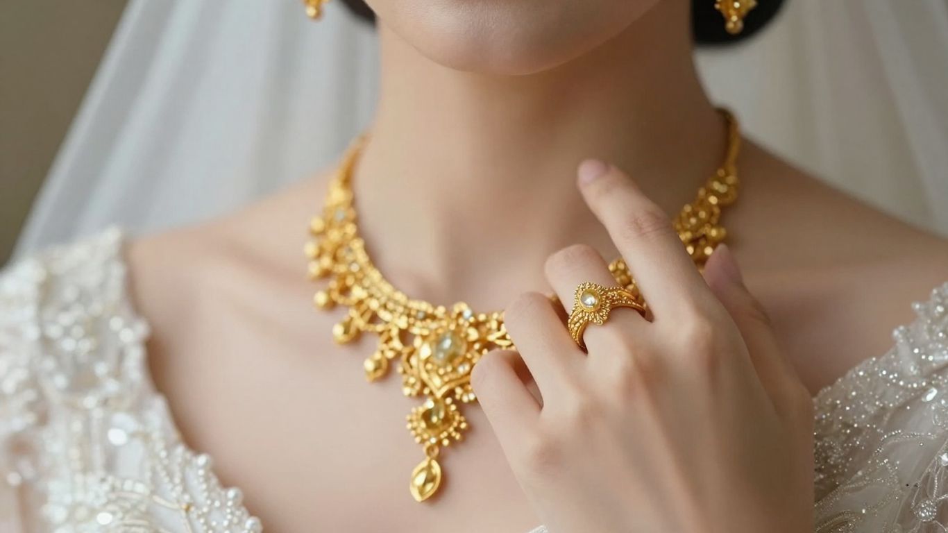 Bride's hand with exquisite gold bridal jewellery.