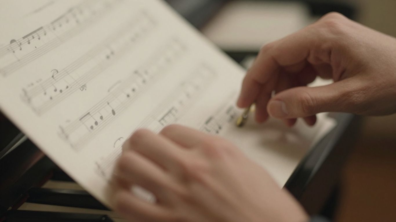 Hände halten Notenblatt beim Musizieren