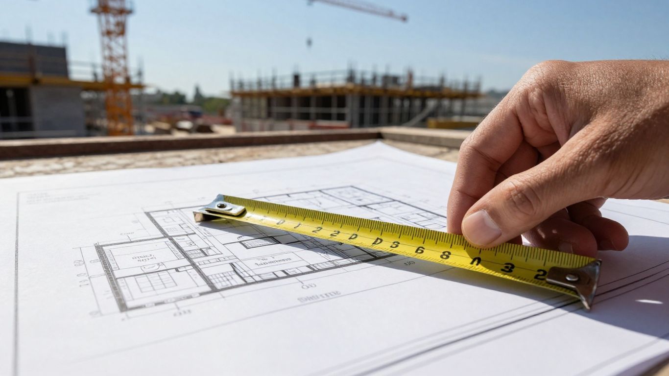 Construction blueprint with measuring tape and site background.