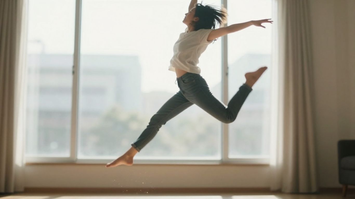 Person jumping energetically, promoting lymphatic drainage.