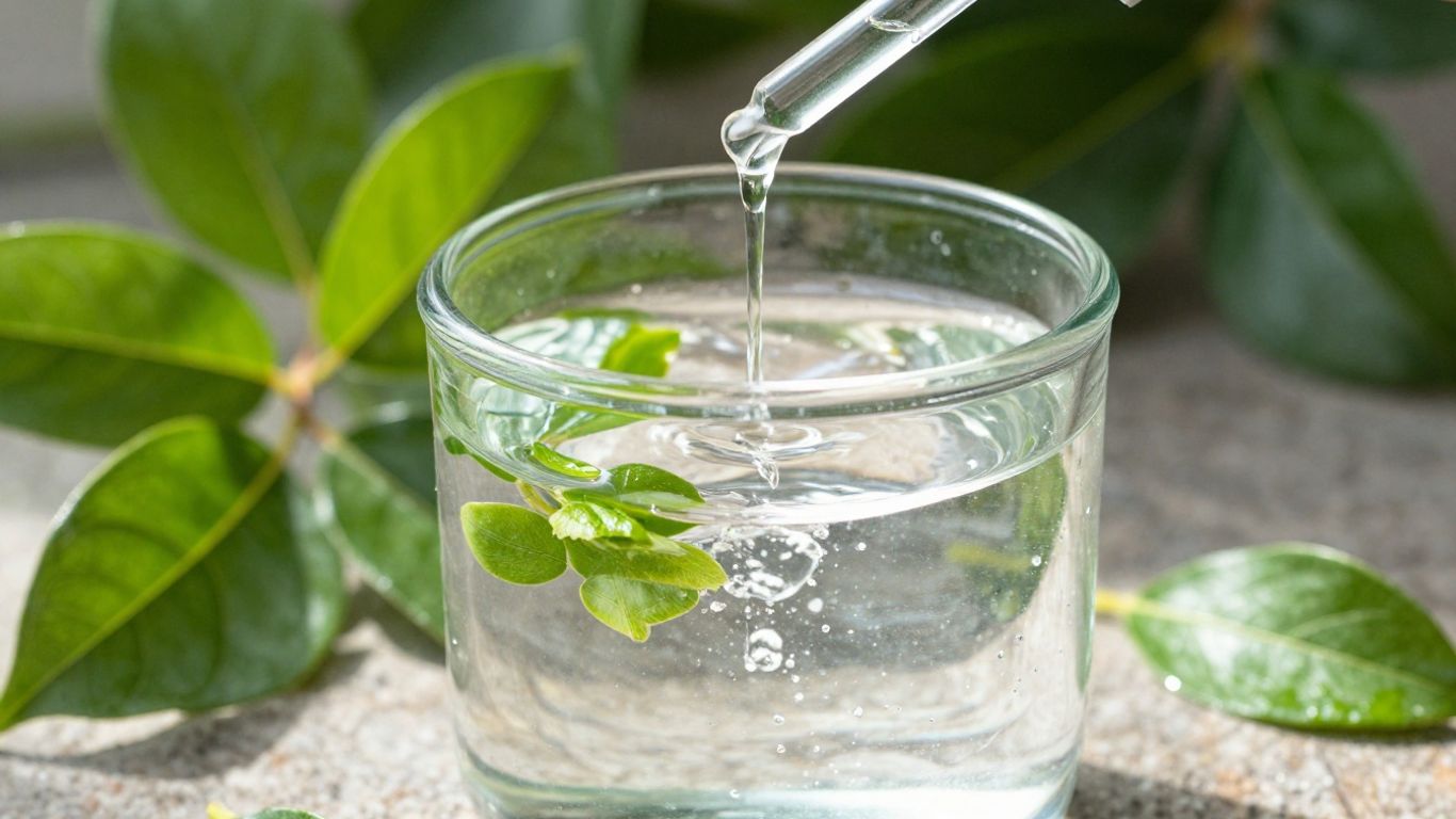 Mineral drops being added to a glass of water.