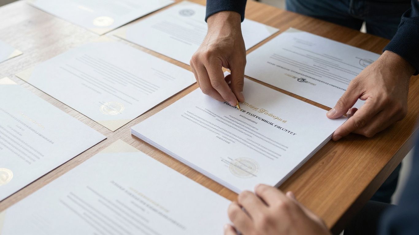 Diplômes et certificats professionnels sur un bureau en bois.