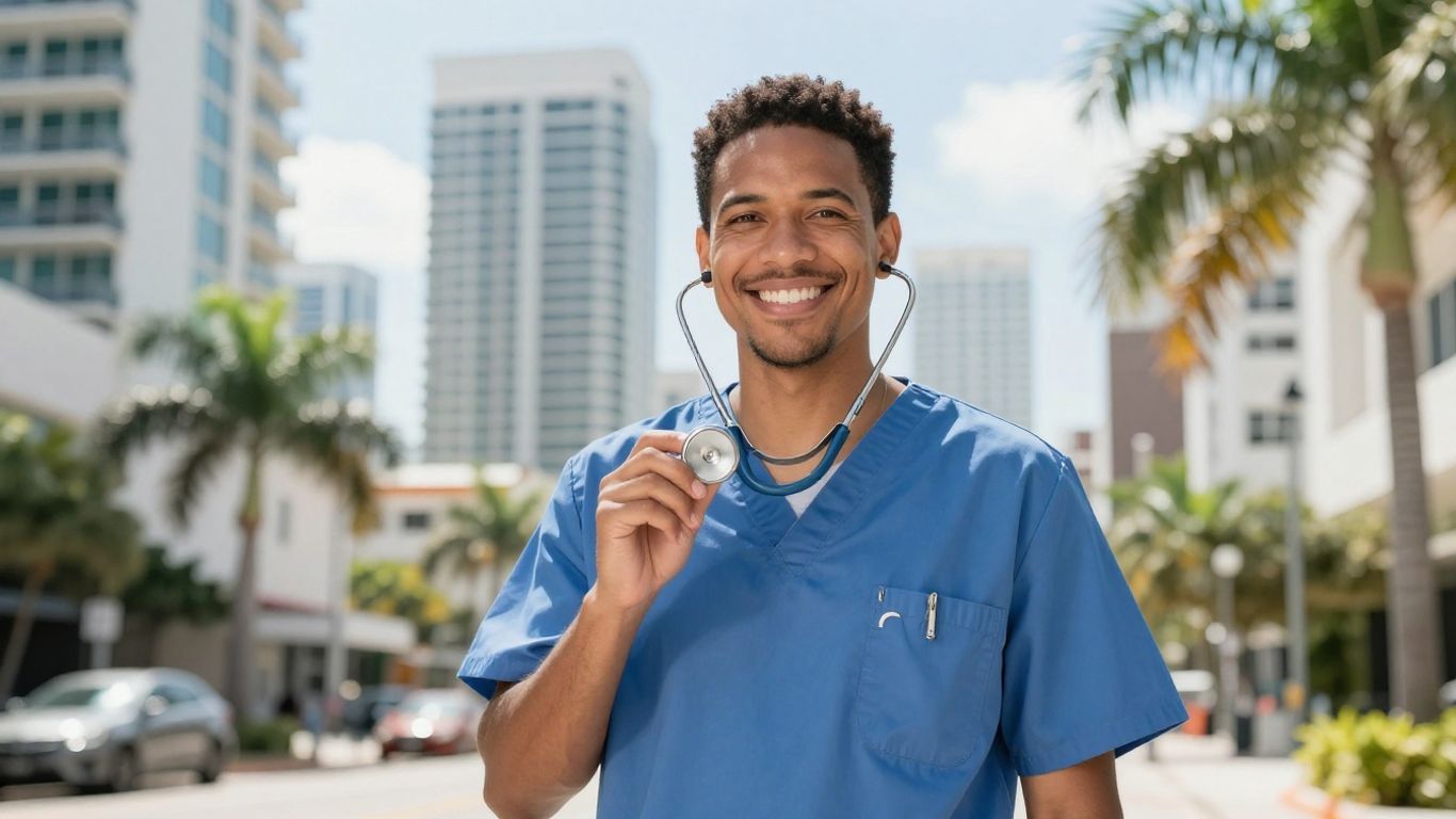 Nursing assistant in Miami with skyline background.