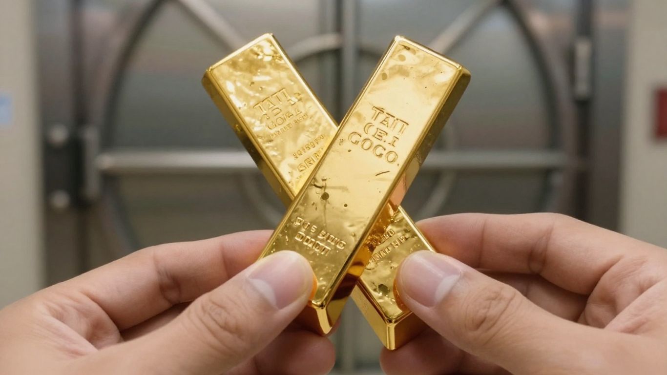 Main dorée tenant une barre d'or devant un coffre-fort.