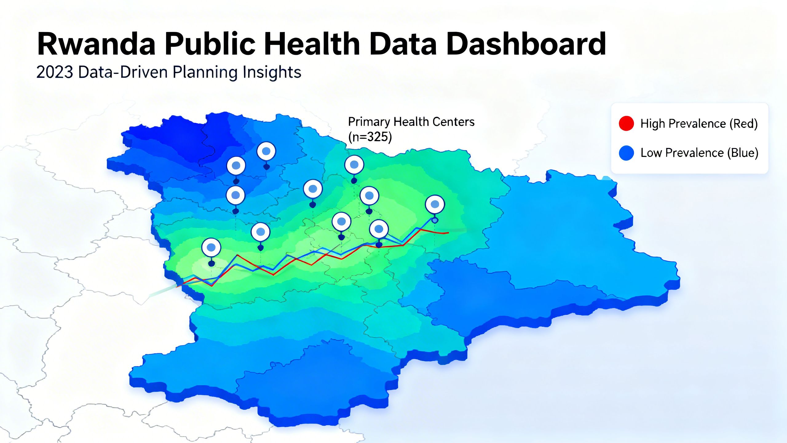 A digital dashboard displaying healthcare data overlaid on a map of Rwanda, illustrating data-driven public health planning.