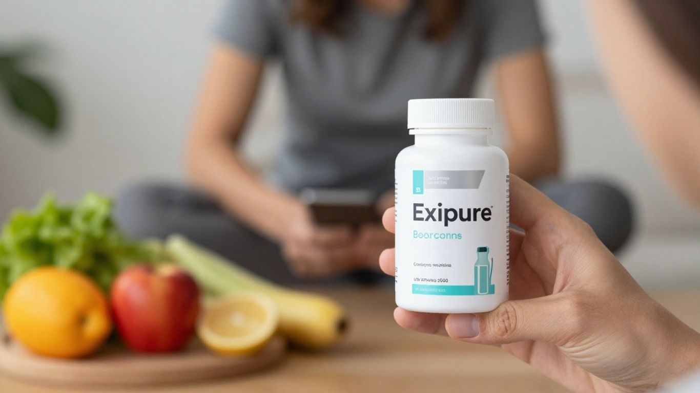 Exipure bottles with healthy lifestyle elements.