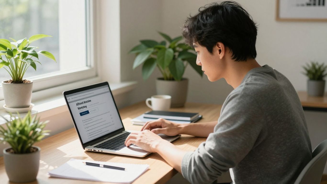 Person working diligently on affiliate marketing at a desk.