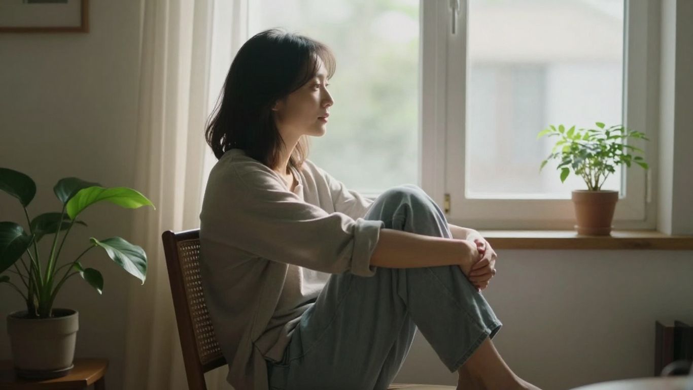 Woman practicing slow breathing near a sunlit window