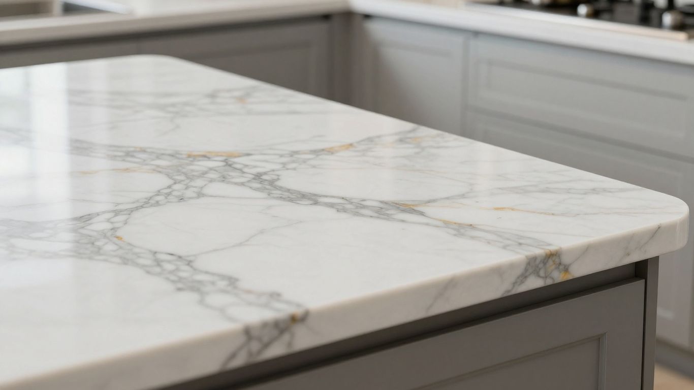 Polished white marble kitchen countertop with grey veining.