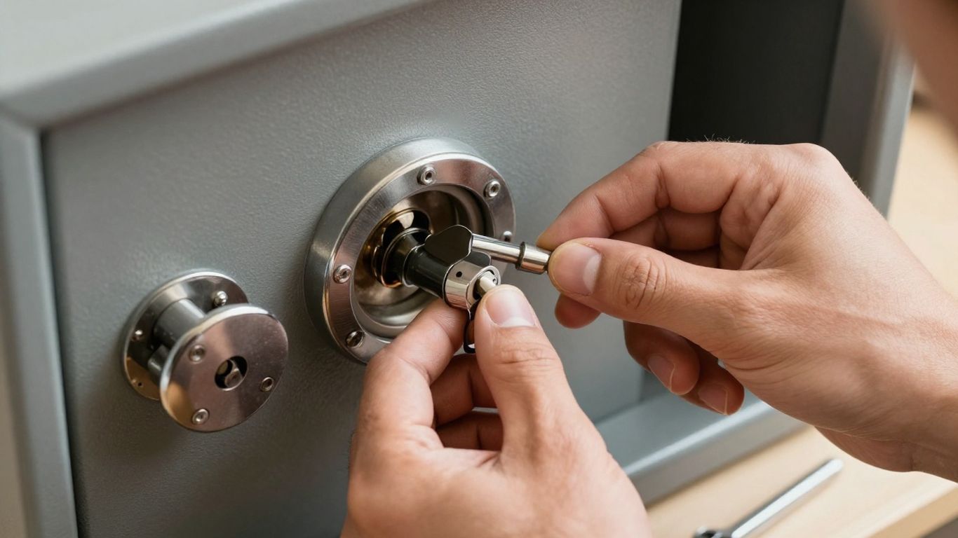 Locksmith opening a safe with tools.
