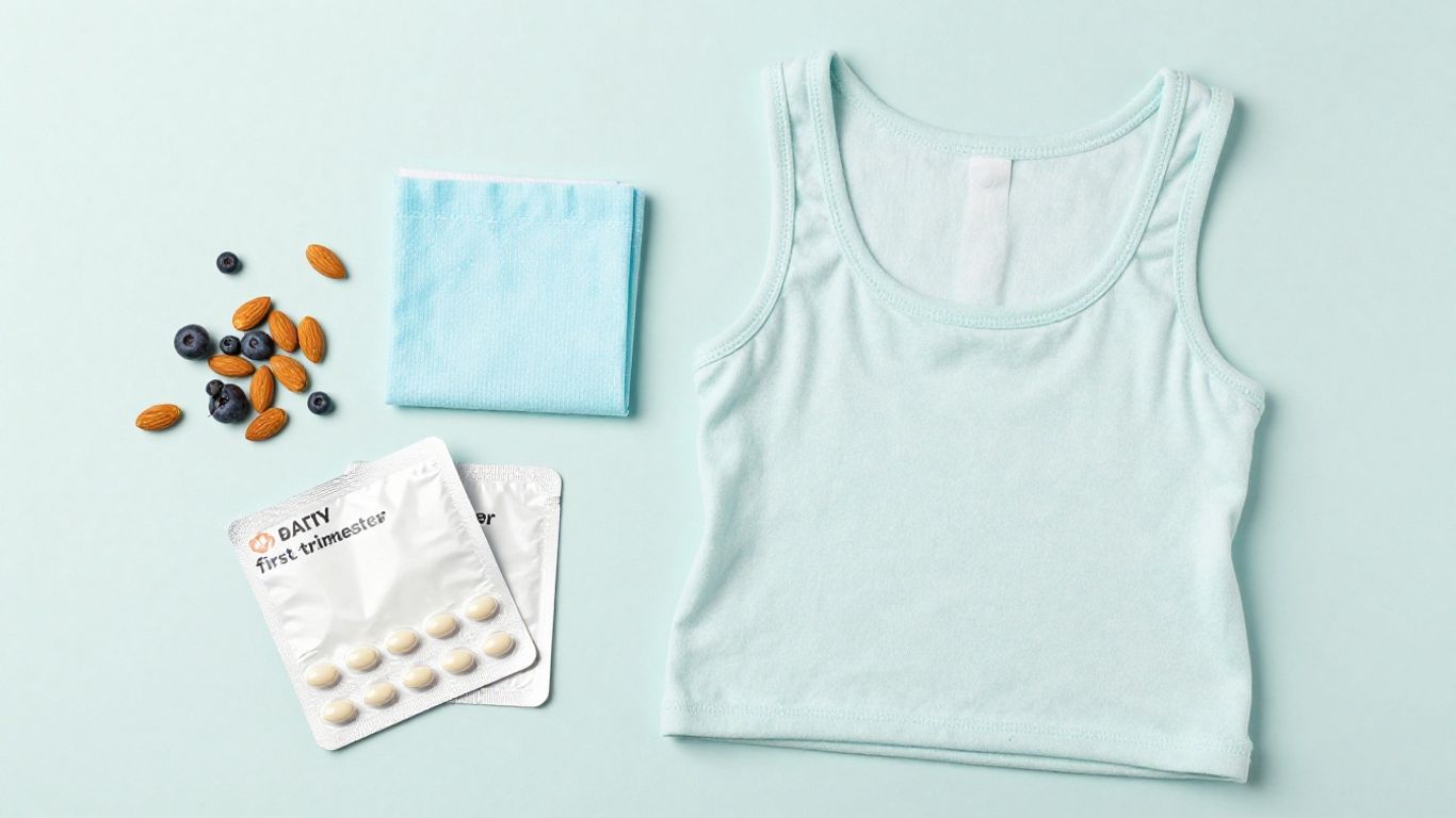First trimester pregnancy essentials: vitamins and healthy snacks.