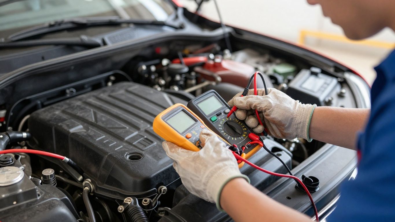 Technician measuring vehicle battery voltage