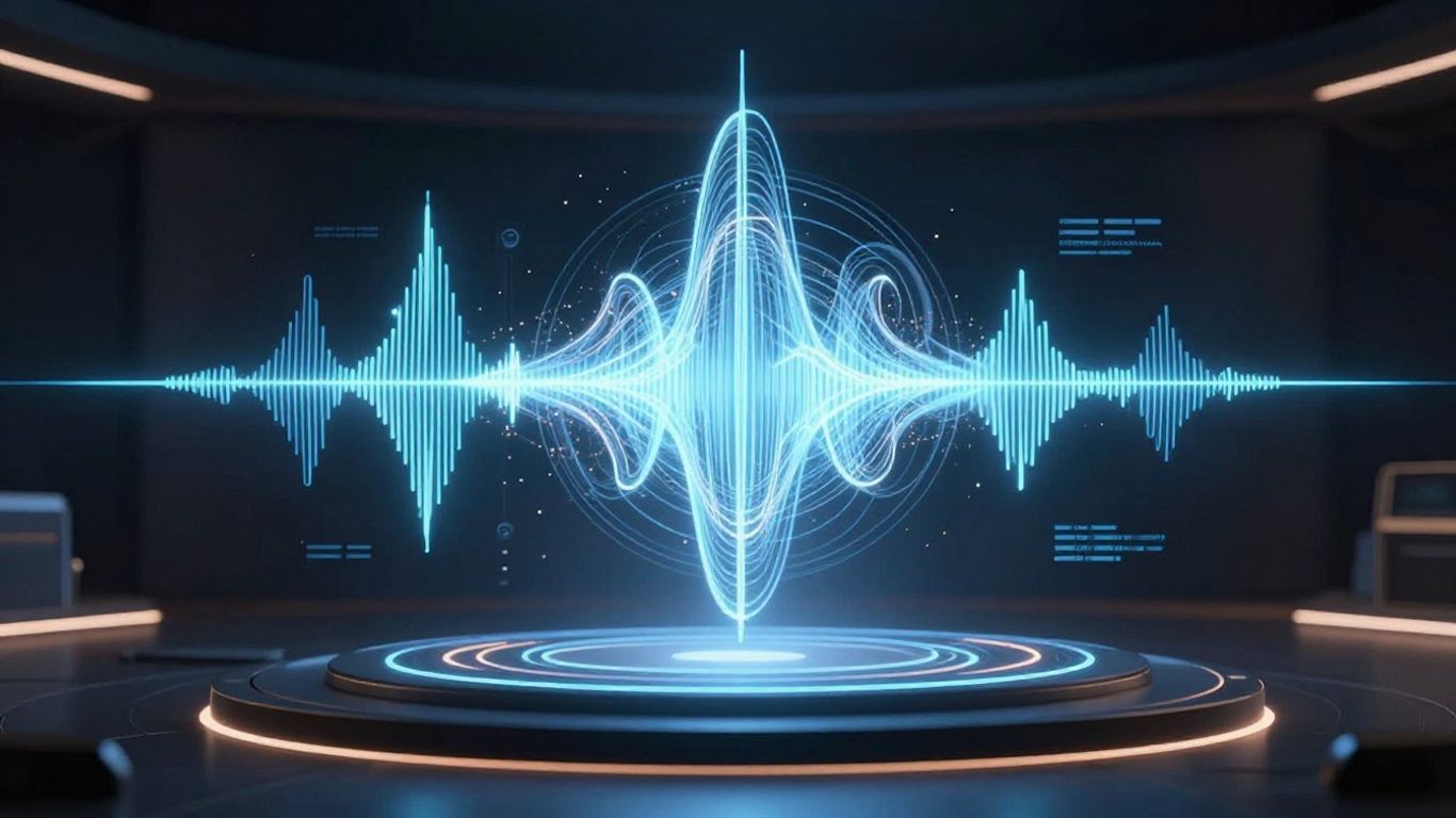 Futuristic AI interface with glowing sound waves.