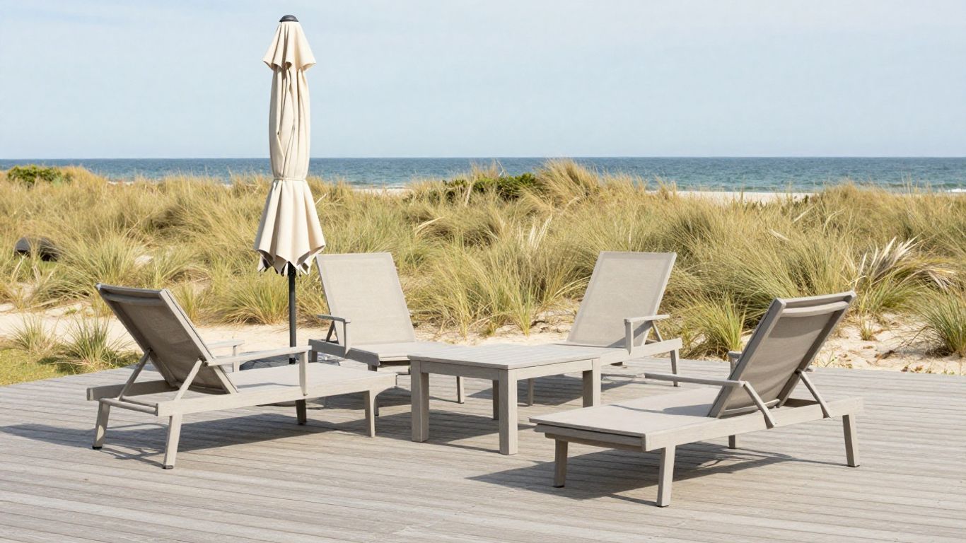 Stable outdoor furniture arranged on a coastal deck