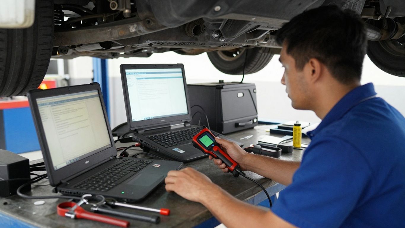 Technician using diagnostic equipment beside raised car