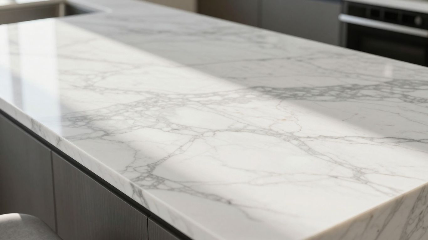 Elegant marble kitchen countertop with natural veining.