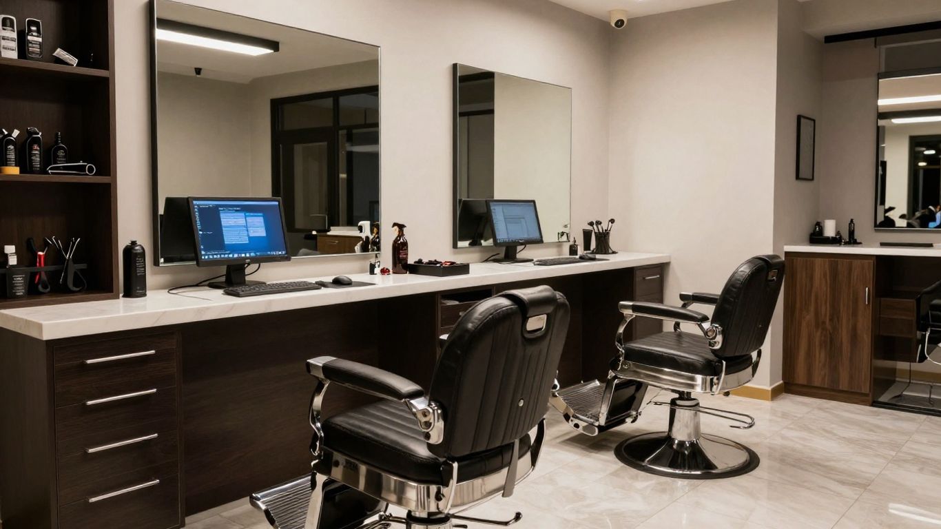Turkish barbershop reception area with barber chair and counter.