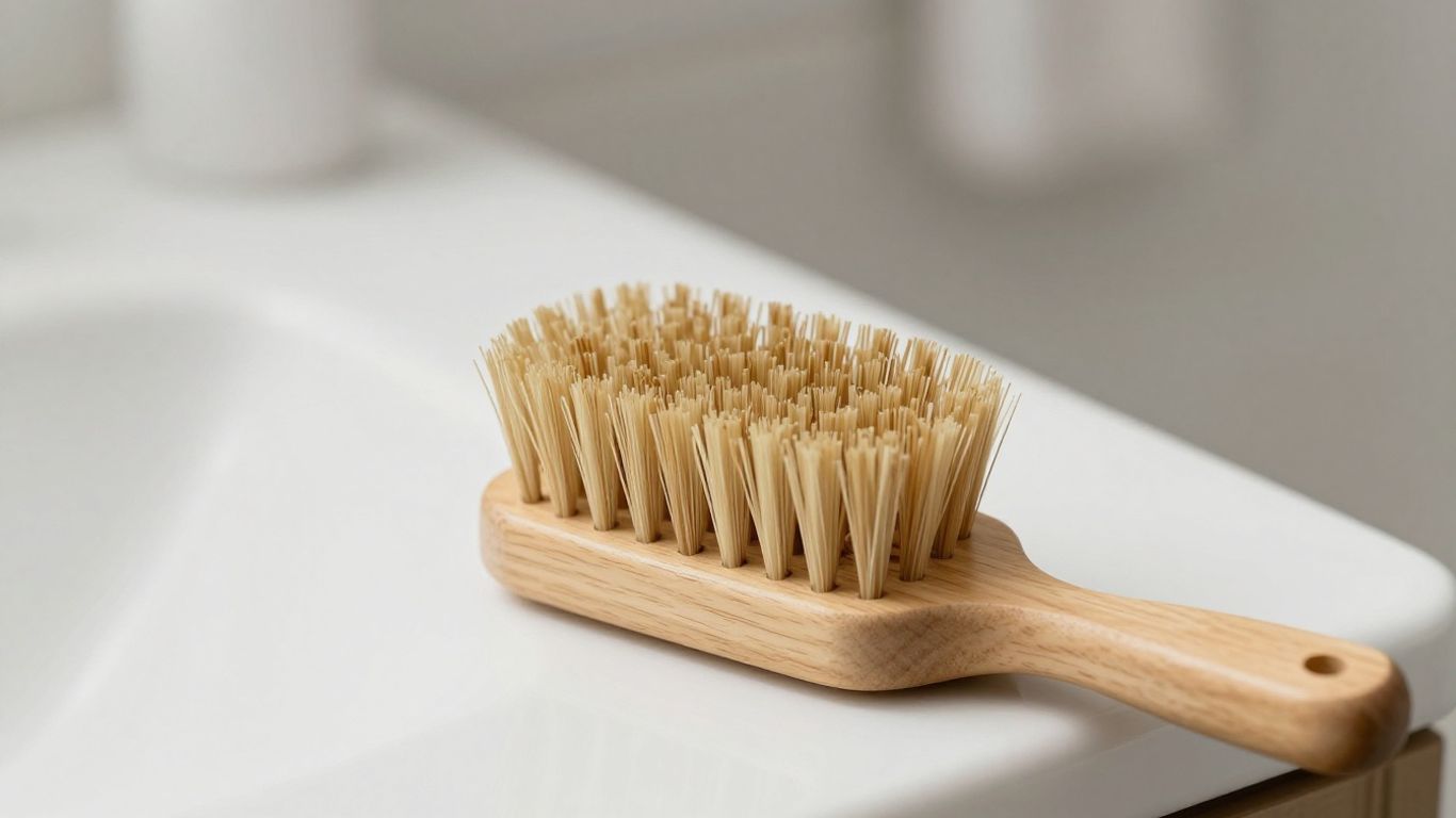 Wooden toilet brush with natural bristles on a bathroom counter.