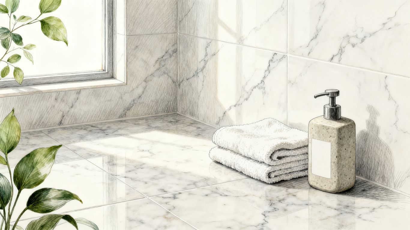 Honed marble tile with simple stone care items