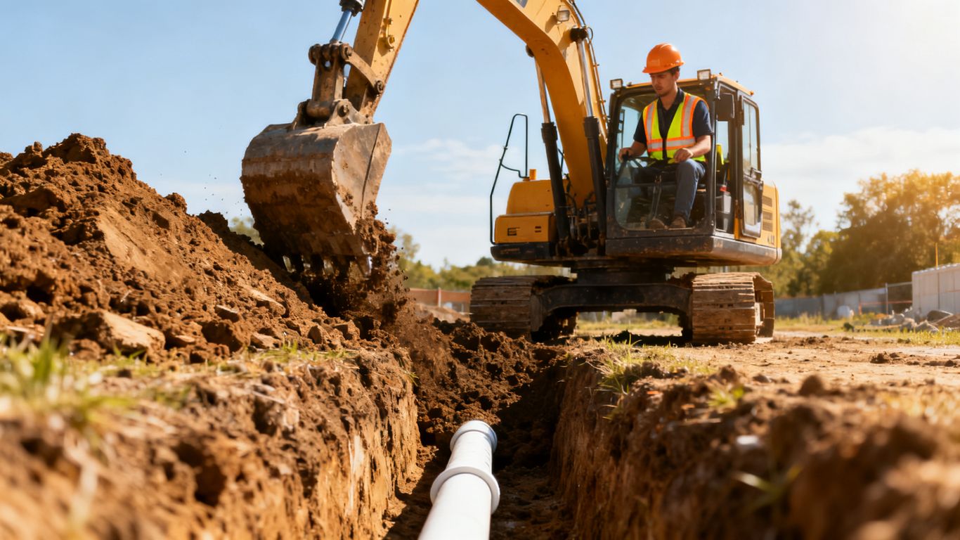 Construction worker digging trench for water line installation.