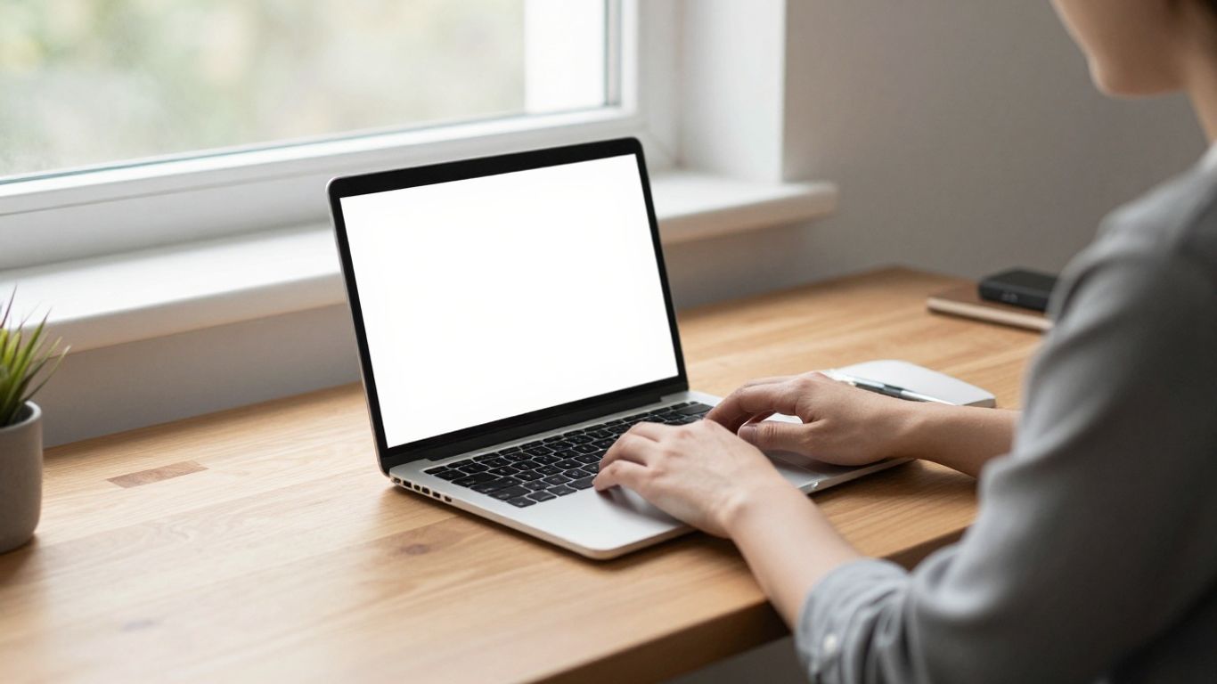A professional working on a laptop at a bright table