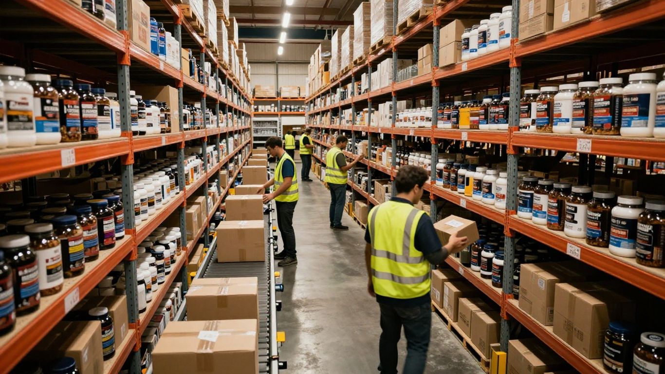 Supplements neatly arranged in an organized warehouse