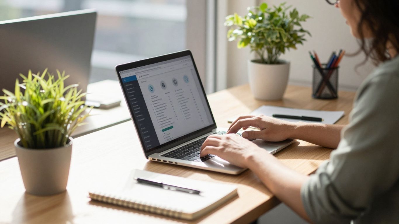 Osoba píšící na notebooku v moderní kanceláři.