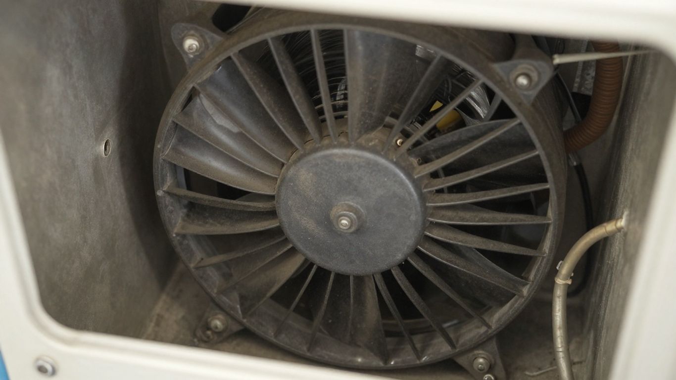 Air conditioner blower motor and fan with visible dust.