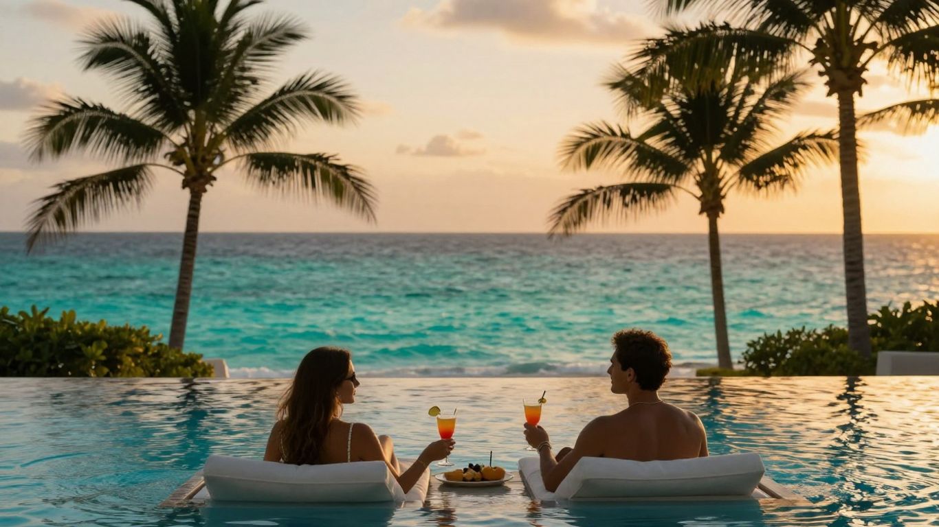 Luxury infinity pool at sunset with palm trees and couple.