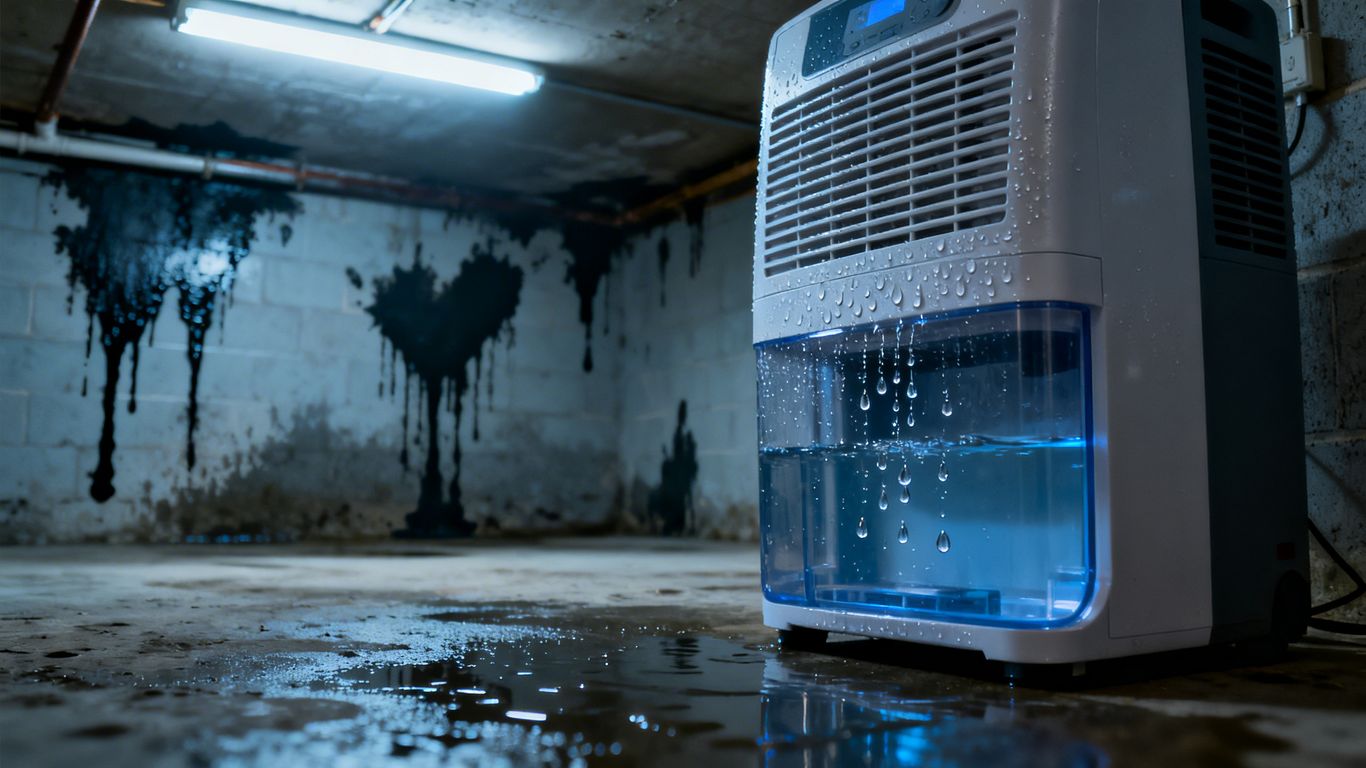 Dehumidifier in a damp basement