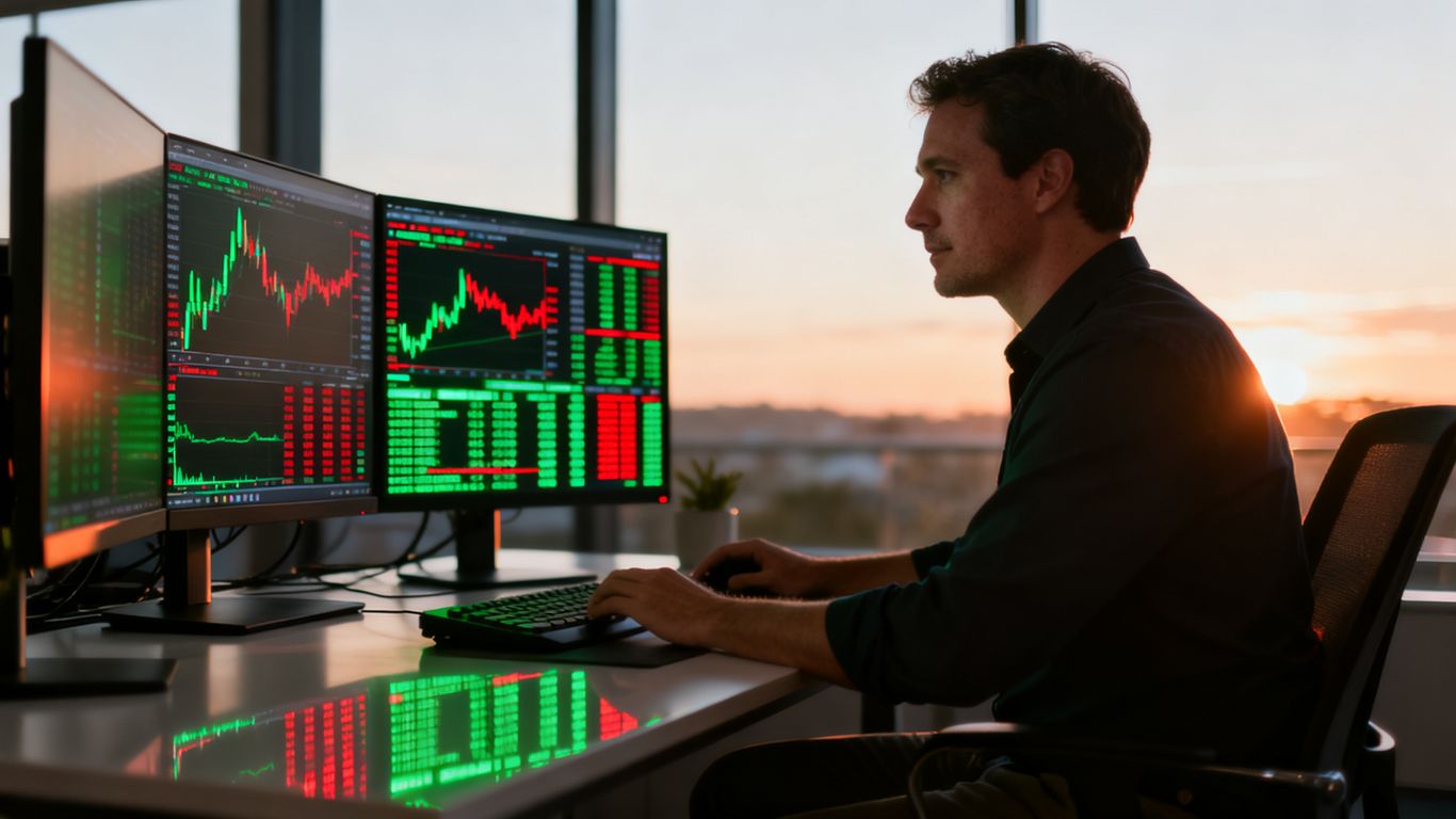 Morning trading desk with Australian market screens