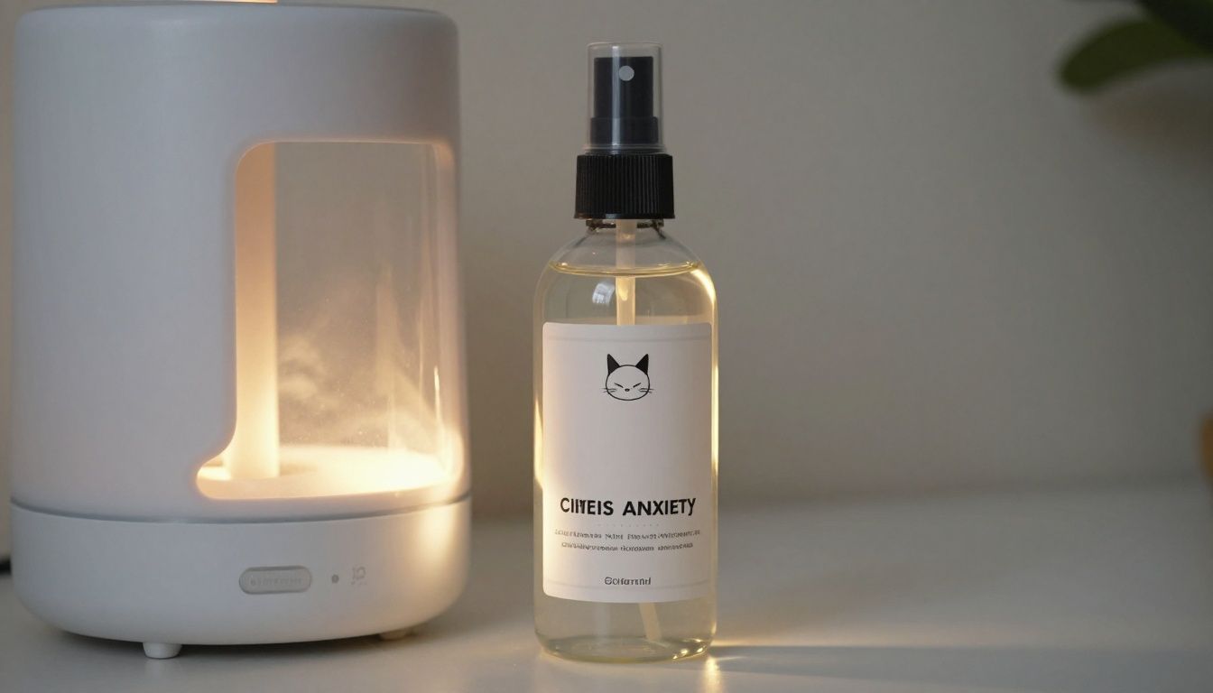 A close-up of a calming diffuser kit and a bottle of soothing spray designed to lower feline anxiety levels