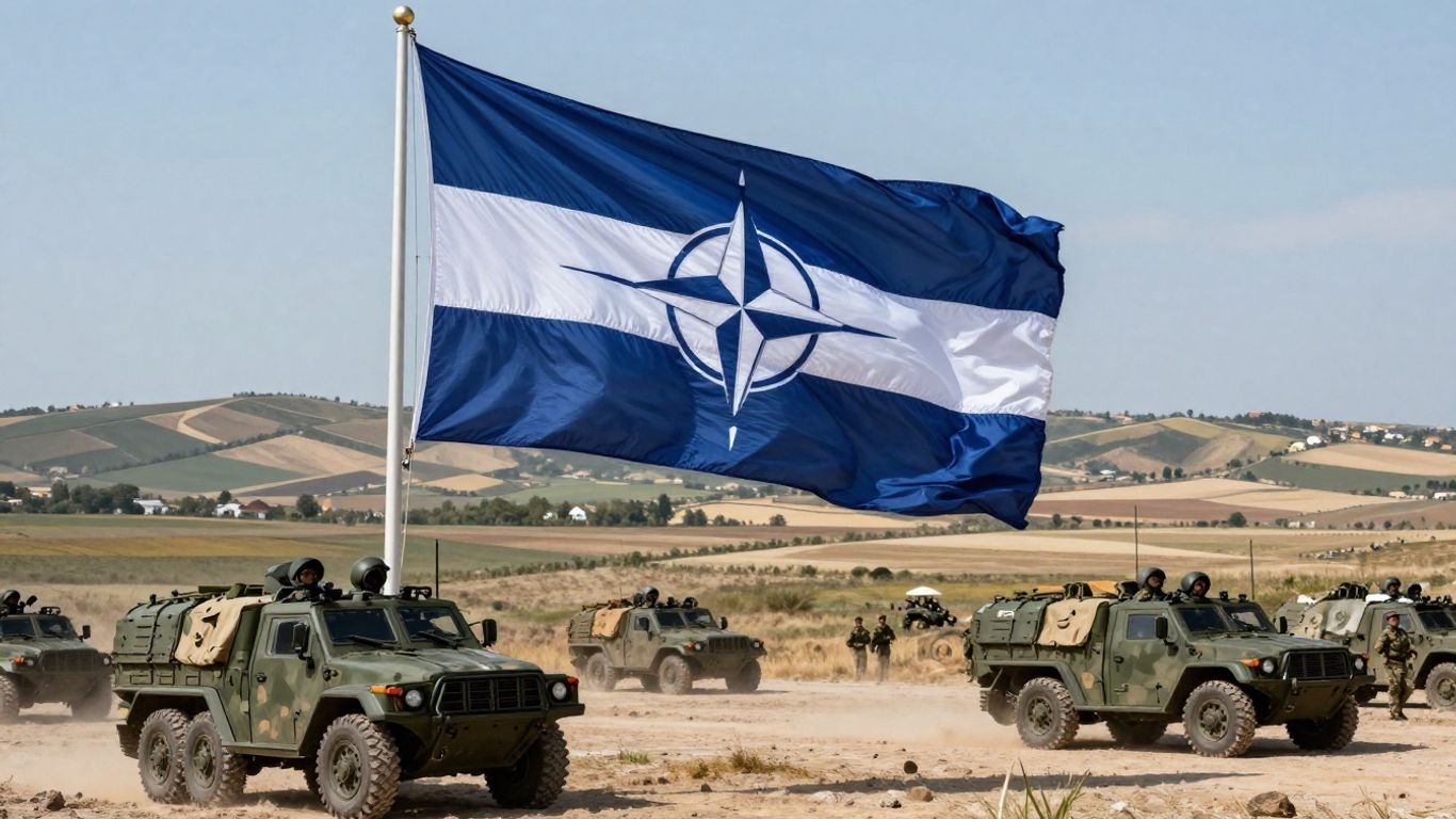 NATO flag with European landscapes and military elements.