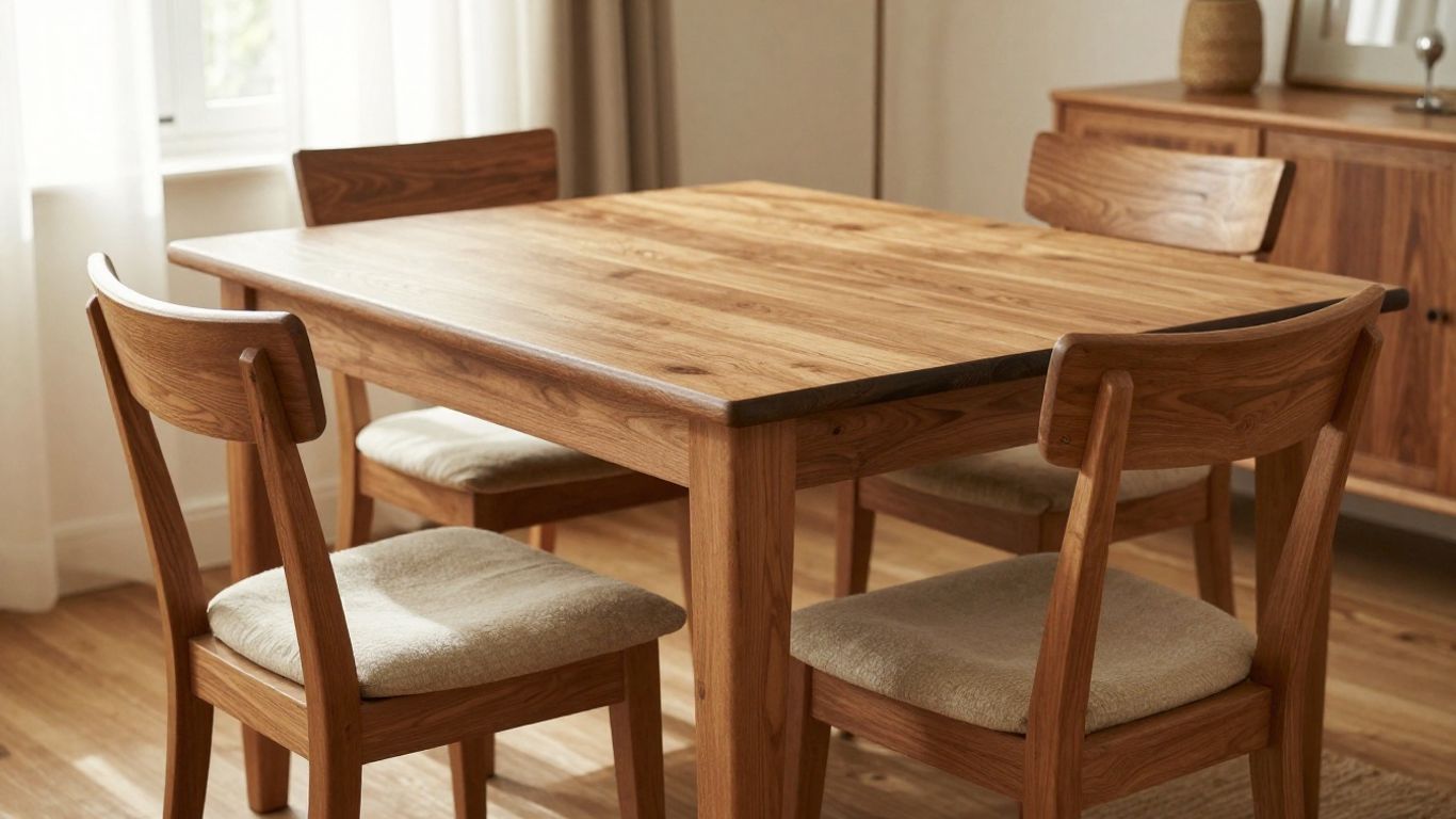 Mobilier Casa Neciu: masă din lemn, scaune elegante, lumină caldă.