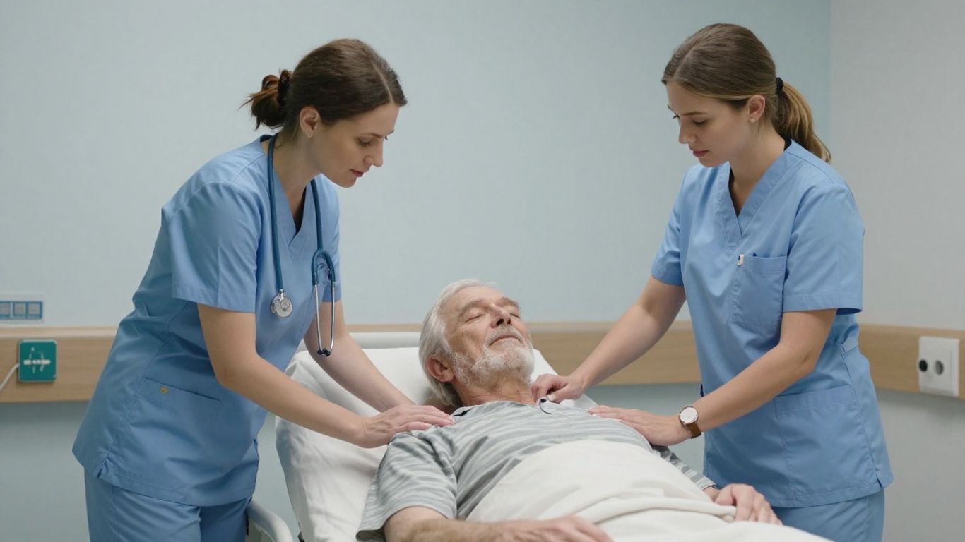 Pflegekräfte unterstützen ältere Person in Einrichtung