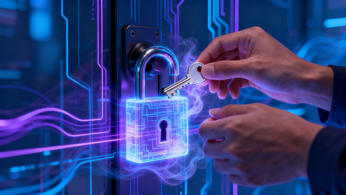 Digital key entering a glowing lock, representing online asset security.