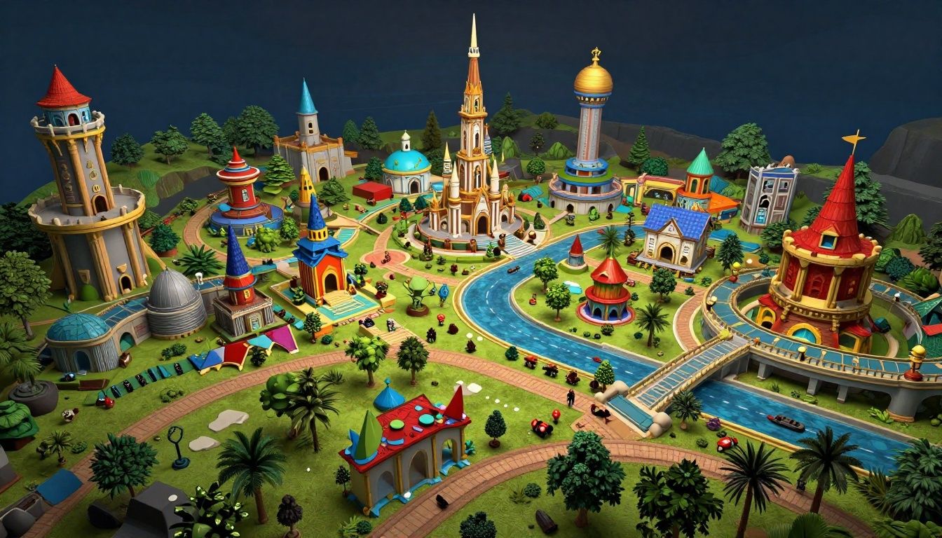 Uma representação artística de um mundo de fantasia digital sendo construído, mostrando detalhes épicos e cores vibrantes, ideal para o universo gamer