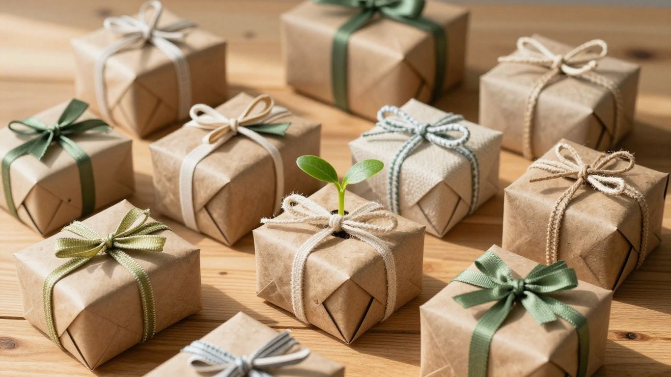Eco-friendly gifts with natural textures and a green sprout.