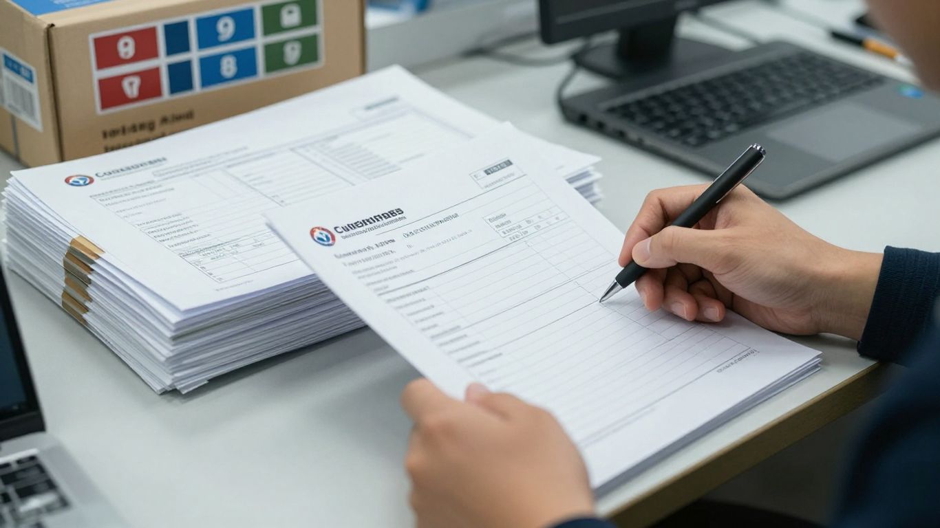 Shipping documents reviewed beside sealed cargo cartons